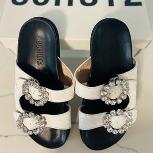 SCHUTZ Ariel Crystal-Embellished Snakeskin-Embossed Leather Slides